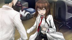 1boy 1girl angry beard_stubble belt black_hair black_pantyhose black_shorts blush breast_pocket breasts brown_hair brown_pants clenched_hands coat collared_shirt constricted_pupils eyelashes facial_hair floating_neckwear from_behind game_cg hair_between_eyes hair_over_shoulder hand_on_own_hip height_difference highres huke lab_coat lapels leather_belt long_hair long_sleeves looking_at_hand makise_kurisu messy_hair necktie non-web_source notched_lapels official_art okabe_rintarou outstretched_arm pants pantyhose pocket purple_eyes purple_trim red_necktie ringed_eyes shirt shorts shouting sleeves_past_wrists small_breasts square_pupils standing steins;gate steins;gate:_my_darling&#039;s_embrace stubble surprised teeth tongue upper_teeth_only v-shaped_eyebrows white_belt white_coat white_shirt