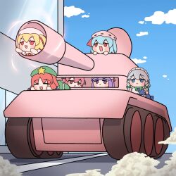 6+girls ascot bat_wings beret blonde_hair blue_eyes blue_hair blush blush_stickers bow braid demon_wings dress embodiment_of_scarlet_devil flandre_scarlet fumo_(doll) green_bow green_vest grey_hair hair_bow hat hat_ornament hat_ribbon head_wings highres hong_meiling izayoi_sakuya koakuma long_hair long_sleeves maid maid_headdress military_vehicle mob_cap motor_vehicle multiple_girls necktie open_mouth patchouli_knowledge puffy_sleeves purple_eyes purple_hair red_eyes red_hair red_vest remilia_scarlet ribbon ribbon_trim shirt short_hair side_ponytail skirt skirt_set smile star_(symbol) star_hat_ornament tank touhou twin_braids vest white_hat wings y75zei yellow_ascot