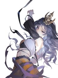 1girl arm_up armpits blue_hair chirizuka_ubame detached_sleeves fossilized_wonders highres long_hair looking_at_viewer midriff orange_skirt purple_eyes purple_ribbon reeh_(yukuri130) ribbon simple_background skirt solo touhou white_background