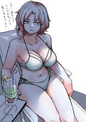 1girl bare_shoulders bikini breasts cleavage collarbone cup drink drinking_glass drinking_straw highres ice ikemen_joshi_to_josou_danshi large_breasts looking_at_viewer navel nishikiyuri_koyuki short_hair sitting solo sweat swimsuit tadd_(tatd) tropical_drink white_background white_bikini