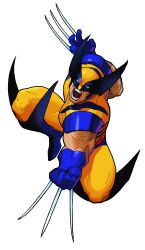 1990s_(style) 1boy absurdres arm_hair beard bengus blue_gloves bodysuit claws clenched_hands clenched_teeth facial_hair facing_viewer fighting_stance full_body game_cg gloves highres jumping knees_up male_focus marvel marvel_super_heroes_vs._street_fighter marvel_vs._capcom mask muscular muscular_male non-web_source official_art pectorals retro_artstyle simple_background solo superhero_costume teeth weapon western_comics_(style) white_background wolverine_(x-men) x-men