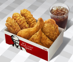box chicken_(food) cola colonel_sanders cup drink english_text food food_focus fried_chicken ice ice_cube kfc realistic simple_background soda still_life toshi_(hokkaido2015)