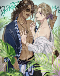 Rule 34 | 2boys, absurdres, animal ears, blonde hair, blue background, brown hair, cowboy shot, dark-skinned male, dark skin, english text, fangs, fern, hand in pocket, hand on another&#039;s chest, highres, jewelry, leona kingscholar, lion boy, lion ears, lion tail, looking at viewer, male focus, middle finger, multiple boys, necklace, outdoors, plant, ponytail, purple eyes, ring, shirt, shirt partially removed, short hair, striped clothes, striped shirt, sunglasses, tail, toned, toned male, twisted wonderland, ukichan12011, vil schoenheit, white shirt, yaoi