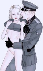 1boy 1girl absurdres age_difference blonde_hair butaneko_(butaneko_hanten) cross flat_chest highres iron_cross loli looking_at_viewer nazi nude original short_hair standing swastika uncensored