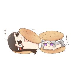 2girls :&gt; black_hair blush_stickers bow chibi food grey_hair hair_ornament hair_ribbon hairclip higuchi_kaede in_food kaede-chan_(higuchi_kaede) long_hair lying mito-chan_(tsukino_mito) mito_and_kaede mole mole_under_eye multiple_girls nijisanji on_back on_stomach parted_lips pink_bow ponytail rebecca_(keinelove) ribbon simple_background translation_request triangle_mouth tsukino_mito very_long_hair virtual_youtuber white_background white_ribbon