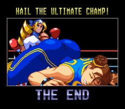 Rule 34 | 2girls, ass, blonde hair, boxing gloves, boxing ring, breasts, brown hair, capcom, chun-li, drill hair, highres, large breasts, long hair, multiple girls, street fighter, street fighter zero (series), tiffany lords