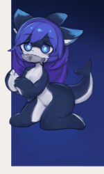 1girl :3 animal_ear_fluff animal_ears animal_feet barefoot black_fur blue_background blue_eyes blue_pupils body_fur border cetacean_tail closed_mouth completely_nude female_focus fish fish_tail flat_chest furry furry_female gradient_background grey_border hands_up long_hair looking_at_viewer mouth_hold nude original outside_border pawpads purple_hair sidelocks simple_background solo thick_thighs thighs two-tone_fur uyu_(soda_uyu) white_fur wide_hips x_x