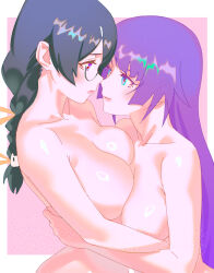Rule 34 | 2girls, bakemonogatari, black hair, braid, breasts, closed mouth, eye contact, glasses, hanekawa tsubasa, highres, large breasts, long hair, looking at another, medium hair, monogatari (series), multiple girls, outside border, purple eyes, purple hair, rapa rachi, senjougahara hitagi, twin braids, yuri