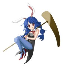 1girl animal_ears black_leotard blue_hair blue_pantyhose bow bowtie breasts chinese_zodiac cleavage closed_mouth commentary_request detached_collar full_body harukawa_moe_(style) high_heels highres holding holding_mallet keiki8296 kine leotard long_hair looking_at_viewer mallet medium_breasts official_style pantyhose parody playboy_bunny rabbit_ears red_bow red_bowtie red_eyes red_footwear seiran_(touhou) simple_background smile solo strapless strapless_leotard style_parody tongue tongue_out touhou white_background wrist_cuffs year_of_the_rabbit