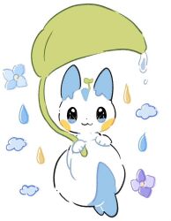 :3 blue_flower cloud commentary dot_nose flower gen_4_pokemon holding holding_leaf holding_own_tail leaf looking_at_viewer namyu_usa nintendo pachirisu pokemon pokemon_(creature) purple_flower simple_background smile symbol-only_commentary tail water water_drop white_background