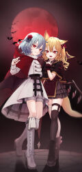 2girls absurdres alternate_costume animal_ears artist_name black_thighhighs blonde_hair blue_hair boots flandre_scarlet frilled_skirt frills full_body full_moon highres hiwokawa kemonomimi_mode looking_at_viewer moon multiple_girls pointy_ears red_eyes red_moon red_nails remilia_scarlet side_ponytail single_thighhigh skirt smile thigh_strap thighhighs touhou twitter_username white_footwear wings