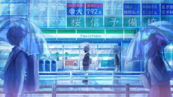 1girl amenomori_howa bag black_bag black_hair black_jacket black_shoes black_skirt blazer building commentary_request fence from_side highres holding holding_umbrella jacket long_sleeves night original outdoors people pleated_skirt rain scenery school_uniform shoes shop short_hair shoulder_bag skirt socks solo_focus standing transparent transparent_umbrella trash_can umbrella wide_shot