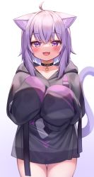 1girl :d ahoge animal_ear_fluff animal_ears black_choker black_hoodie blush cat_ears cat_girl cat_tail choker commentary_request cowboy_shot deaver fang food_print gradient_background hair_between_eyes highres hololive hood hood_down hoodie long_hair long_sleeves looking_at_viewer nekomata_okayu nekomata_okayu_(1st_costume) no_pants onigiri_print open_mouth print_hoodie purple_eyes purple_hair sleeves_past_fingers sleeves_past_wrists smile solo standing tail tail_raised virtual_youtuber