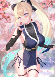 1girl absurdres aizawa_ema arm_strap black_bow black_gloves blonde_hair blue_eyes blue_hair bow breasts cherry_blossoms covered_collarbone earrings elbow_gloves falling_petals fingerless_gloves fishnets floral_print gloves gradient_hair hair_bow highres holding holding_knife jewelry kaeha knife large_breasts long_hair multicolored_hair ninja obi panties petals pink_petals ponytail sash side-tie_panties sleeveless solo tassel tassel_earrings thigh_strap underwear virtual_youtuber vspo! vspo!_showdown