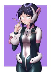 1girl audio_jack black_eyes blunt_bangs blush bodysuit boku_no_hero_academia breasts cosplay earplugs headgear highres jiro_kyoka long_earlobes multicolored_bodysuit neck_armor open_mouth pink_bodysuit purple_background purple_hair sayu_mypace short_hair smile solo uraraka_ochako uraraka_ochako_(cosplay) wrist_cuffs