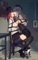 aa-12_(girls&#039;_frontline) absurdres ahoge arms_behind_back bdsm black_boots black_corset black_pantyhose black_thighhighs blue_eyes bondage boots bound bound_together breasts breasts_out brown_eyes cad_(caddo) chair collared_shirt corset girls&#039;_frontline grey_hair hat highres indoors knee_pads long_hair looking_at_another looking_at_viewer medium_breasts medium_hair mp7_(girls&#039;_frontline) nipples on_chair open_mouth pantyhose pencil_skirt pleated_skirt red_hair shibari shibari_over_clothes shirt shoes side_slit sitting sitting_on_person skindentation skirt sneakers tam_o&#039;_shanter teeth thighhighs upper_teeth_only white_shirt zettai_ryouiki