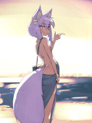 Rule 34 | 1girl, animal ear fluff, animal ear piercing, animal ears, bag, blue sarong, breasts, bright pupils, carrying bag, day, finger gun, fox ears, fox girl, fox tail, from side, gold (mantafriend), hair between eyes, hand up, highres, looking at viewer, looking to the side, medium hair, original, outdoors, platinum (mantafriend), purple hair, rectangular pupils, red eyes, sarong, satchel, side cut, small breasts, solo, standing, tail, topless female, white pupils