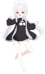 1girl absurdres barefoot character_request check_character check_copyright copyright_request highres jacket long_hair open_clothes open_jacket pleated_skirt pointy_ears red_eyes simple_background skirt solo user_yths2234