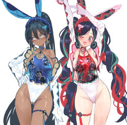 2girls absurdres bare_shoulders black_hair blush breasts dishwasher1910 fate/grand_order fate_(series) green_eyes green_hair highres long_hair looking_at_viewer multicolored_hair multiple_girls open_mouth red_hair smile streaked_hair trung_nhi_(fate) trung_trac_(fate) very_long_hair yellow_eyes