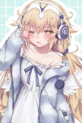 1girl angel_wings blonde_hair blush cellphone coat coat_on_shoulders fate/grand_order fate_(series) fur-trimmed_coat fur_trim hand_on_own_face headphones highres hpl_4ic jeanne_d&#039;arc_(fate) low_twintails metatron_jeanne_(fate) metatron_jeanne_(second_ascension)_(fate) nightgown official_alternate_costume one_eye_closed open_mouth phone ribbon simple_background sleepwear sleepy solo squeans striped_clothes twintails wings yellow_eyes
