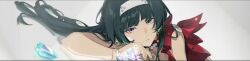 1girl astra_yao black_hair commentary english_commentary grey_background highres long_image looking_at_viewer mindscape_cinema_(zenless_zone_zero) official_art smile third-party_source wide_image zenless_zone_zero
