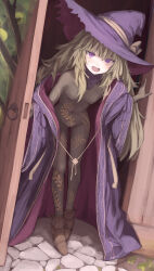 1girl bodystocking_only boots breasts brown_boots character_request commentary_request copyright_request covered_navel detached_collar dutch_angle floral_print full_body gluteal_fold green_hair hat highres ivy long_hair looking_at_viewer no_bra open_mouth opening_door osobachan outdoors purple_eyes purple_hat purple_robe robe skin_tight small_breasts solo sweatdrop tight_clothes very_long_hair witch witch_hat wooden_door