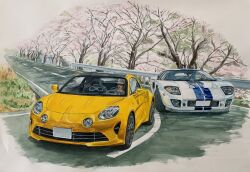 2boys absurdres alpine_(carmaker) alpine_a110 baseball_cap car driving ford ford_gt hat highres igunuk looking_to_the_side motor_vehicle multiple_boys original outdoors sports_car traditional_media tree vehicle_focus white_car white_hat yellow_car