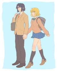 Rule 34 | 1boy, 1girl, athrun zala, bag, blonde hair, blue background, blue hair, blush, border, cagalli yula athha, collared shirt, couple, full body, green eyes, gundam, gundam seed, hetero, highres, holding hands, jacket, kimi88407604, kneehighs, long sleeves, necktie, open mouth, pants, school bag, school uniform, shirt, shoes, short hair, simple background, skirt, socks, sweater, white border, white shirt, yellow eyes
