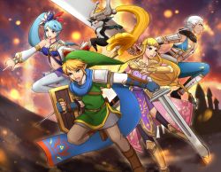 1boy 4girls armor bad_id bad_pixiv_id blonde_hair blue_eyes blue_hair book hat helmet holding holding_sword holding_weapon hyrule_warriors impa jewelry lana_(hyrule_warriors) link long_hair lots_of_jewelry midna multiple_girls nintendo princess_zelda purple_eyes red_eyes riko_(sorube) scarf shield side_ponytail smile sword the_legend_of_zelda the_legend_of_zelda:_twilight_princess tiara weapon white_hair
