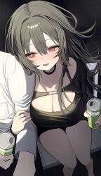 1boy 1girl absurdres artist_request black_choker black_hair blush breasts can choker cleavage commission drink_can from_above hair_ornament hairclip highres holding holding_can large_breasts locked_arms long_hair long_sleeves mole mole_on_thigh open_mouth original red_eyes second-party_source shirt sitting smile solo_focus white_shirt