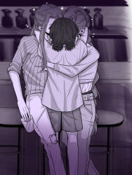 Rule 34 | 3girls, absurdres, arms around neck, bar (place), commentary, cup, double bun, greyscale, hair bun, hashtag-only commentary, heart, highres, holding, holding cup, indoors, kiss, kpop demon hunters, long hair, long sleeves, mira (kpop demon hunters), monochrome, multiple girls, na dou (pungeon5340), pants, polyamory, rumi (kpop demon hunters), short sleeves, shorts, yuri, zoey (kpop demon hunters)