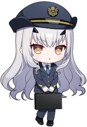 Rule 34 | 1girl, artist request, black hat, black jacket, black pants, black shoes, black suit, briefcase, brown eyes, chibi, chibi only, collared shirt, fate/grand order, fate (series), forked eyebrows, formal clothes, full body, gloves, hat, holding, holding briefcase, jacket, long hair, long sleeves, looking at viewer, melusine (fate), necktie, official art, open mouth, pants, promotional art, second-party source, shirt, shoes, smile, solo, standing, standing on one leg, suit, train conductor, transparent background, white gloves, white hair, white shirt