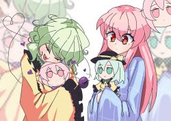 2girls black_hat blue_shirt bow buttons character_doll closed_eyes diamond_button doll expressionless eyeball frilled_shirt_collar frilled_sleeves frills fub_(fubimanji) fumo_(doll) green_hair hat hat_ribbon hata_no_kokoro heart heart_of_string highres holding holding_doll hugging_doll hugging_object komeiji_koishi multiple_girls pink_eyes pink_hair plaid_clothes plaid_shirt purple_bow ribbon shirt smile stuffed_toy third_eye touhou wide_sleeves yellow_ribbon yellow_shirt yuri