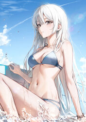 1girl absurdres bare_arms bare_shoulders bikini blue_bikini bracelet breasts cleavage closed_mouth collarbone commentary contrail day ekina_(1217) expressionless grey_eyes hair_between_eyes halterneck highres jewelry lens_flare long_hair looking_at_viewer medium_breasts multi-strapped_bikini_bottom multi-strapped_bikini_top navel original outdoors sidelocks sitting solo stomach strap_gap string_bikini surfboard swimsuit symbol-only_commentary thighs very_long_hair water wet white_hair