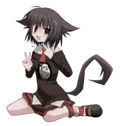 1girl animal_ears blush brown_eyes brown_hair cat_ears cat_girl cat_tail collared_shirt creepypasta double_v fang flying_sweatdrops fridaycarnage full_body jeff_the_killer long_sleeves loose_socks necktie off-shoulder_sweater off_shoulder open_mouth original pleated_skirt shirt short_hair sitting skin_fang skirt socks solo striped_clothes striped_skirt striped_socks sweat sweater tail uneven_eyes v wariza