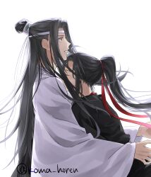 Rule 34 | 2boys, ahoge, black hair, black hanfu, blush, chinese clothes, closed eyes, couple, from side, hair ribbon, hanfu, headband, height difference, high ponytail, highres, hug, koma horen, lan wangji, long hair, long sleeves, male focus, modao zushi, multiple boys, parted lips, ponytail, profile, red ribbon, ribbon, robe, sidelocks, simple background, topknot, twitter username, upper body, very long hair, wei wuxian, white background, white hanfu, white headband, wide sleeves, xiao guan (headdress), yaoi, yellow eyes