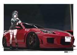 1girl artist_name beret black_dress black_hair black_hat black_shoes breasts car dress green_hair hat highres hololive hololive_dev_is license_plate looking_at_viewer mazda mazda_rx-8 medium_breasts motor_vehicle multicolored_hair night night_sky purple_eyes red_car rindo_chihaya shadow shoes short_hair sky smile sneusagi solo spoiler_(automobile) sports_car streaked_hair thigh_strap vehicle_focus virtual_youtuber