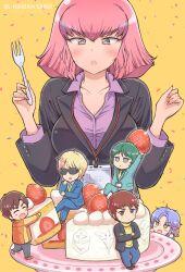 1girl absurdres amuro_ray arasa_ol_haman-sama blue_eyes blush breasts cake char_aznable chibi dress food fork gundam gundam_zz haman_karn highres iwasaki_masakazu jacket judau_ashta kamille_bidan long_sleeves looking_at_viewer mashymre_cello medium_breasts open_mouth pink_hair purple_eyes purple_hair short_hair smile sunglasses zeta_gundam