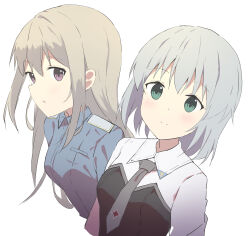 Rule 34 | 2girls, absurdres, blue eyes, blue shirt, closed mouth, collared shirt, commentary, eila ilmatar juutilainen, epaulettes, green eyes, grey necktie, highres, light brown hair, long hair, looking at viewer, medium hair, multiple girls, necktie, purple eyes, sanya v. litvyak, shirt, simple background, soha (sirohase), strike witches: aurora no majo, upper body, very long hair, white background, white shirt, world witches series