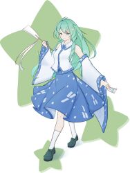 1girl absurdres antenna_hair bare_shoulders between_fingers black_shoes blue_eyes blue_skirt collared_shirt detached_sleeves dot_nose double-parted_bangs frog_hair_ornament gohei green_hair hair_ornament highres holding holding_gohei kneehighs kochiya_sanae light_blush loafers long_hair long_sleeves looking_at_viewer ofuda ofuda_between_fingers patterned_clothing print_skirt shirt shoes simple_background single_sidelock skirt skirt_set sleeveless sleeveless_shirt smile snake_hair_ornament socks solo star_(symbol) touhou trefle white_background white_socks wide_sleeves wing_collar