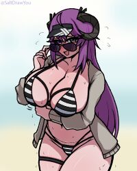 1girl :d absurdres adjusting_eyewear arm_under_breasts artist_name bikini black_bikini black_eyes black_horns blue_background breasts cardigan cleavage collarbone commentary commission cowboy_shot curled_horns english_commentary flying_sweatdrops grey_cardigan hand_up heterochromia highres horns huge_breasts long_hair long_sleeves looking_at_viewer navel open_cardigan open_clothes open_mouth original purple_eyes purple_hair saltdrawyou smile solo striped_bikini striped_clothes sunglasses sweat swimsuit thigh_strap twitter_username very_sweaty visor_cap white_bikini