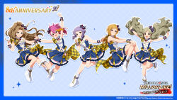 5girls anniversary bandai_namco belt blonde_hair blue_background blue_skirt boots bow brown_hair bug butterfly buttons copyright_name copyright_notice english_text floating forehead frilled_skirt frills green_eyes hair_bow handa_roco highres idol_clothes idolmaster idolmaster_million_live! idolmaster_million_live!_theater_days insect maihama_ayumu makabe_mizuki momose_rio multicolored_hair multiple_girls nikaido_chizuru official_art open_mouth pink_eyes pink_hair plaid_clothes purple_hair red_eyes skirt star_(symbol) wrist_cuffs yellow_eyes