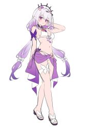 1girl alternate_costume arm_up bare_legs bikini black_tiara blush breasts castorice_(honkai:_star_rail) closed_mouth flower full_body hair_flower hair_ornament highres hitsukuya honkai:_star_rail honkai_(series) large_breasts legs long_hair looking_at_viewer navel pink_flower pointy_ears purple_eyes purple_hair purple_sarong sandals sarong simple_background sketch smile solo stomach swimsuit tiara unfinished very_long_hair white_background white_bikini