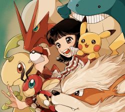 1girl arcanine bayleef blaziken blue_eyes blunt_bangs blush blush_stickers brown_eyes brown_hair creatures_(company) game_freak gen_1_pokemon gen_2_pokemon gen_3_pokemon highres holding holding_poke_ball katao ledian long_sleeves nintendo open_mouth pikachu poke_ball poke_ball_(basic) pokemon pokemon_(creature) shadow short_hair solo upper_body wailmer