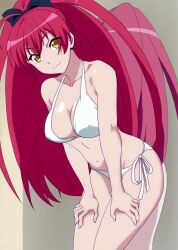1girl absurdres anime_screenshot bikini breasts cleavage hands_on_legs hands_on_own_legs hands_on_own_thighs hands_on_thighs highres large_breasts leaning_forward long_hair masou_gakuen_hxh mirror miyai_kana navel panties red_hair scarlett_fairchild smile solo standing stitched swimsuit third-party_edit underwear very_long_hair yellow_eyes