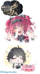 Rule 34 | 2girls, absurdres, bad id, bad twitter id, black bow, black hair, blush, bow, claw pose, collar, commentary, earrings, female rover (wuthering waves), fingernails, flying sweatdrops, hair bow, hairband, headgear, highres, jewelry, long fingernails, long hair, looking at viewer, lupa (wuthering waves), metal collar, metal hairband, multiple girls, objectification, open mouth, pink hair, red pupils, rover (wuthering waves), screenshot inset, sharp fingernails, sharp teeth, shigureszku, simple background, teeth, twitter username, white background, wuthering waves, yellow eyes