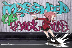 Rule 34 | 1girl, absurdres, black boots, black skirt, boots, brown eyes, character name, commentary, cup, girls und panzer, goumonsha, graffiti, highres, holding, holding cup, holding saucer, jacket, knee boots, long sleeves, looking to the side, medium hair, military uniform, miniskirt, outline, pleated skirt, red hair, red jacket, rosehip (girls und panzer), saucer, skateboard, skirt, solo, spill, spilling, st. gloriana&#039;s military uniform, standing, tea, teacup, white outline