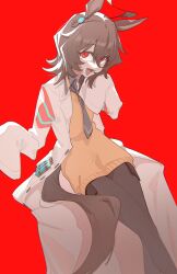 1girl absurdres agnes_tachyon_(umamusume) ahoge animal_ears black_necktie black_pantyhose black_shirt brown_hair chemical_structure collared_shirt cork earrings hair_between_eyes highres horse_ears horse_girl horse_tail jewelry kurobeko_(kur0bek0) lab_coat long_sleeves looking_at_viewer necktie open_mouth pantyhose red_background red_eyes shirt short_hair simple_background single_earring sleeves_past_fingers sleeves_past_wrists solo sweater sweater_vest tail test_tube umamusume yellow_sweater yellow_sweater_vest