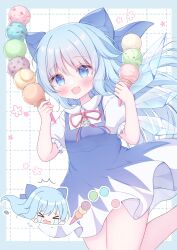 &gt;_&lt; 1girl ^^^ alternate_hairstyle blue_background blue_eyes blue_hair bow bowtie chibi chibi_inset cirno commentary_request dress feet_out_of_frame flower food grid_background hanasakichu highres holding holding_ice_cream_cone ice ice_cream ice_cream_cone ice_wings long_hair looking_at_viewer open_mouth pinafore_dress puffy_short_sleeves puffy_sleeves red_bow red_bowtie shirt short_sleeves sidelocks simple_background sleeveless sleeveless_dress smile t_t thighs touhou tripping white_background white_shirt wings