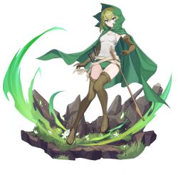 1girl alpha_transparency blue_eyes boots brown_boots brown_gloves buruma cape commentary counter:side cross-laced_slit dungeon_ni_deai_wo_motomeru_no_wa_machigatteiru_darou_ka elbow_gloves english_commentary flower full_body gloves grass green_buruma green_cape green_hair hood hood_up hooded_cape looking_at_viewer medium_hair official_art rock ryu_lion solo standing sword sword_hilt tank_top thigh_boots weapon white_flower white_tank_top wooden_sword
